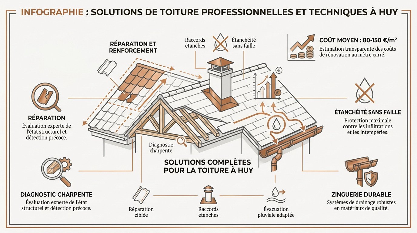 Travaux de rénovation de toiture sur une maison à Huy avec pose de nouvelles tuiles et zinguerie