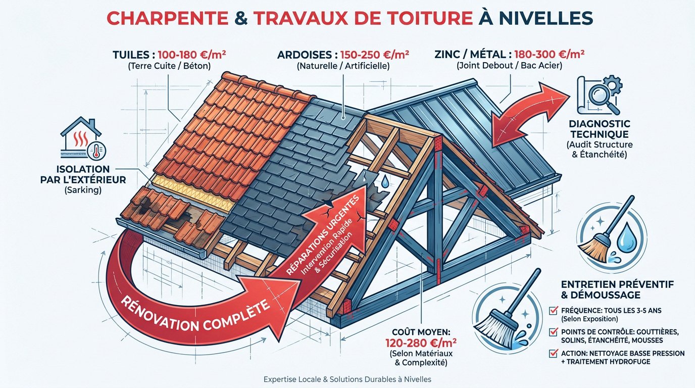 Charpente en bois traditionnelle lors de travaux de toiture à Nivelles